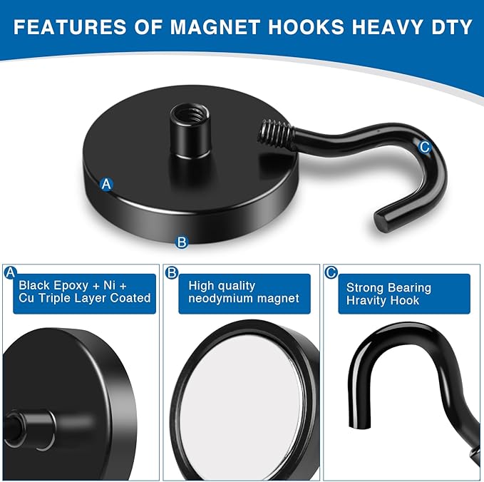 LOVIMAG Magnetic Hooks, 120LBS Strong Magnet Hooks Heavy Duty for Refrigerator, Black Magnet with Hooks for Cruise Cabin, Large Magnetic Hook for Hanging, Grill, Metal Door etc - 6 Pack
