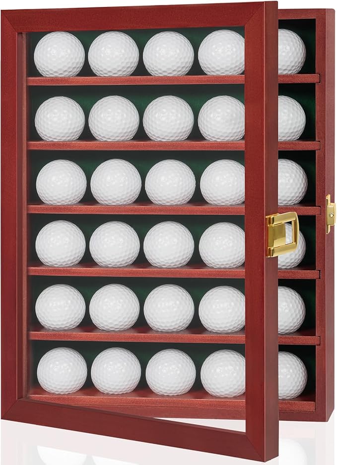 Golf Ball Display Case, Solid Wood Golf Ball Holder, Wall Mounted Golf Ball Rack with Acrylic Door for Golf Enthusiasts (Mahogany, for 30 Golf Balls)
