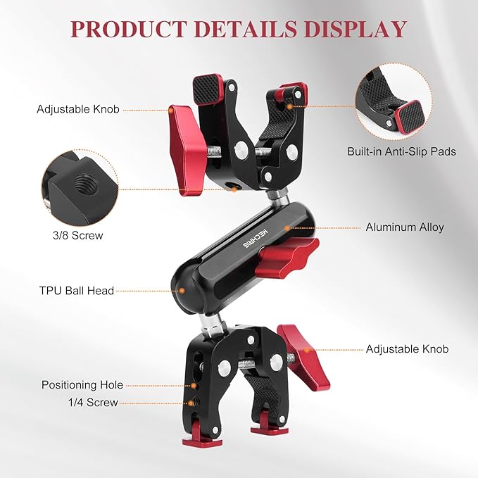 Super Clamp Double Camera Clamp,Dual Clip Mount with Magic Socket Arm - 3/8" & 1/4" Screw, Heavy-Duty Clamps for Desk & Cross Bars& Tripod & Handlebar,All Metal -Max Load Capacity 8.8LB,JC010