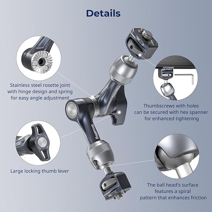 SMALLRIG 7" Rosette Magic Arm, Camera Monitor Mount, Articulating Arm with 1/4"-20 and 3/8"-16 Locating Screw for ARRI, Max Load Capacity 3.5kg Friction Arm, for Cameras, Monitors, LED Lights