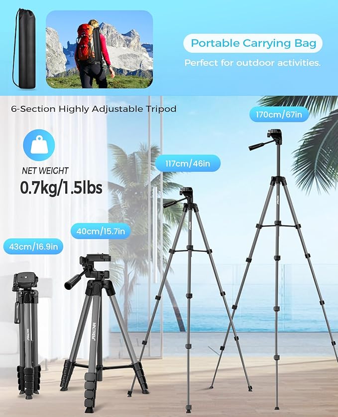 MACTREM 67" Tripod Stand for iPad iPhone Tablet Camera with 2 in 1 Mount & Wireless Remote, Aluminum Extendable Phone Tripod for Video Recording/Selfies/Live Stream/Vlogging (Grey)