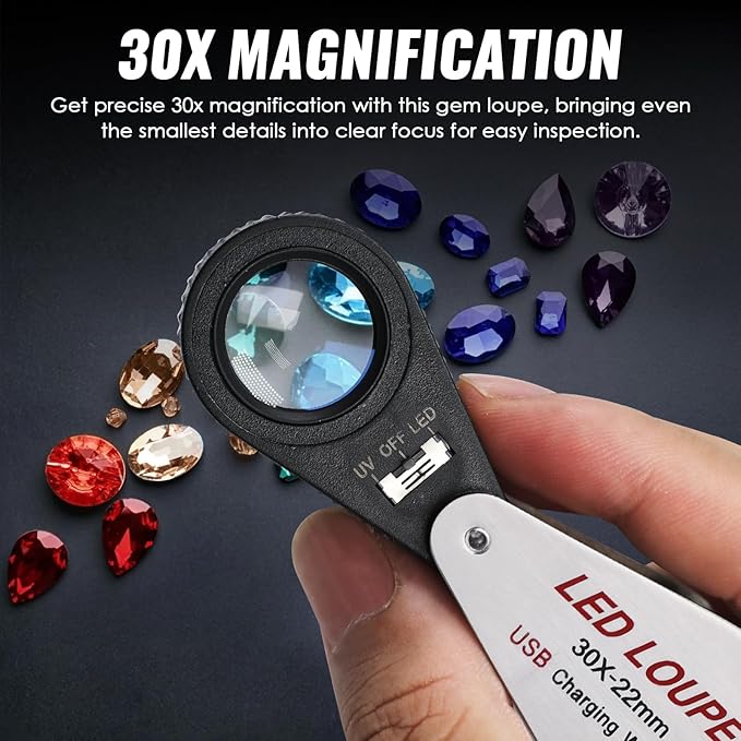 30x Jewelers Loupe Magnifier with UV & LED Lights, 22mm Triplet Lens Rechargeable Jewelers Loupe Foldable Jewelry Magnifier Portable Jewelry Magnifier Inspection Loupe for Gems, Jewelry, Coins, Rocks