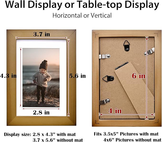 KINLINK 4x6 Frame Brown, Solid Wood 4 x 6 Picture Frame with Acrylic Plexiglass for 3.5x5 with Mat, Tabletop and Wall Display Photo Frames 4x6 Brown, 4 Pack