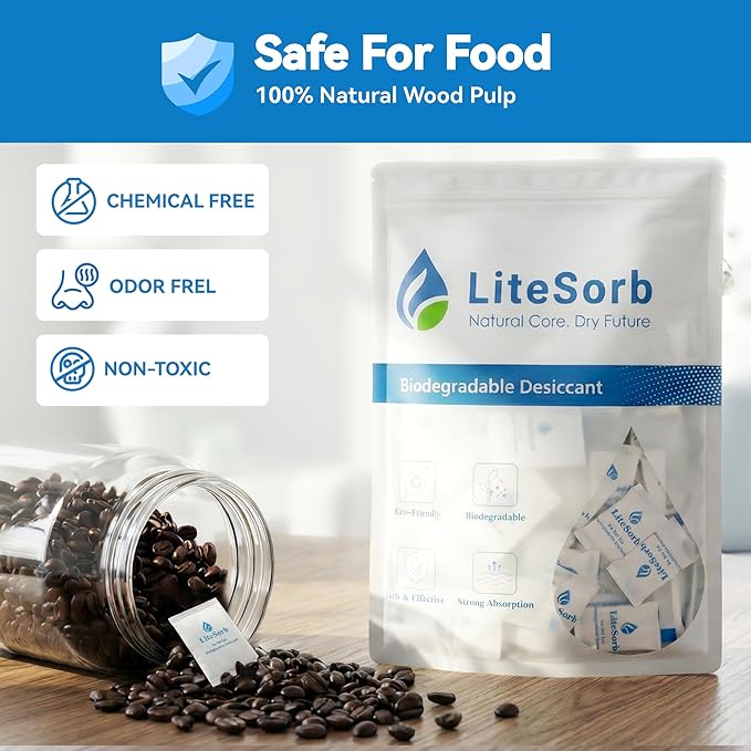 Natural Wood Pulp Moisture Absorbers, Premium Moisture Absorption Desiccants Safe for Food, Luxury, Collectibles, Handbags, Shoes, Camera, Guitar Eco-Friendly & Biodegradable(1g x 50pcs)