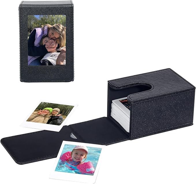 CAIYOULE Picture Holder Case for Fujifilm Instax Mini 41/12/11/99/90/EVO/SE/7+ Film Photo, PU Leather Photo Storage Box for Polaroid Mini Film, 2.5x3.7 Protective Case Can hold 50+ films, Black
