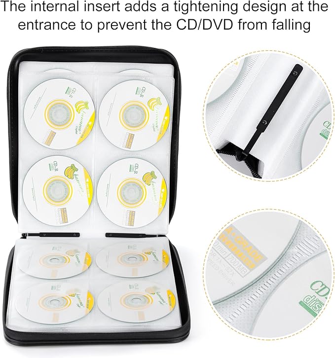 DVD Storage CD Case Holder: 160 Capacity CD Sleeves Black Disc Cases Binder for Car - CD Hard Organizer Box - Large DVD Wallet for Movie/Music/Game & Portable CD Book