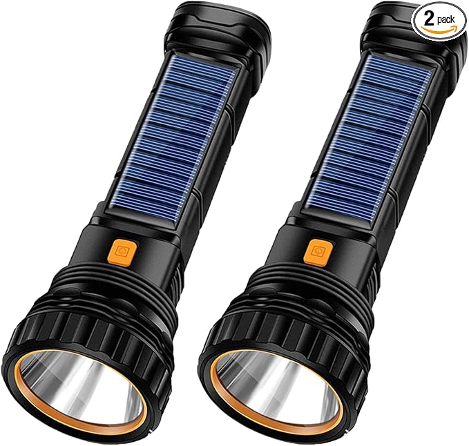 2pcs Solar/Rechargeable Multi Function 1000 Lumens LED Flashlight, with Emergency Strobe Light and 1200 Mah Battery, Emergency Power Supply and USB Charging Cable, Fast Charging (2PC)