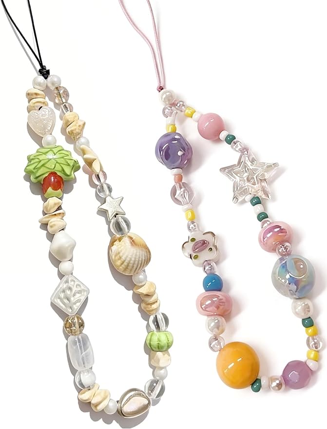 2 Pcs Phone Charm Strap Hand for iPhone Wrist Strap Camera Lanyard Pearl Beaded Cute Chain String Accessories Universal for iPhone 17 16 Pro 15 Samsung Women Girls Keychain Colored Beads and Shells