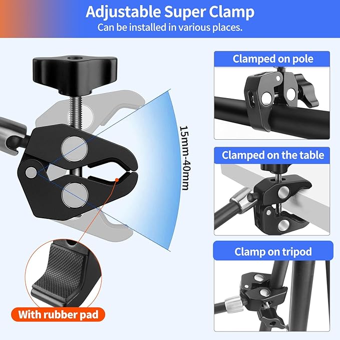 Hemmotop Magic Arm Camera Mount Clamp, 9.8 in Adjustable Articulating Friction Arm Max. Load 6.6 LBS, for iPhone Monitor, Camera Mounts & Clamps Kit MS01 Black