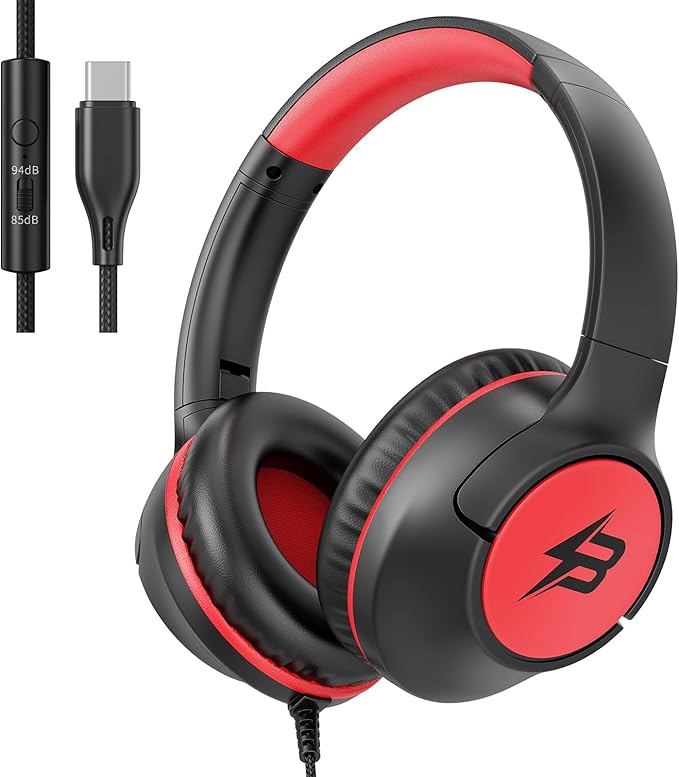 Kids Headphones Wired with USB C Plug, 85/94 dB Volume Limit, USB Type C Headphones for Kids Boys Girls, Foldable Stereo Sound Over Ear Wired Headphones for School/Tablet/Travel, Black Red
