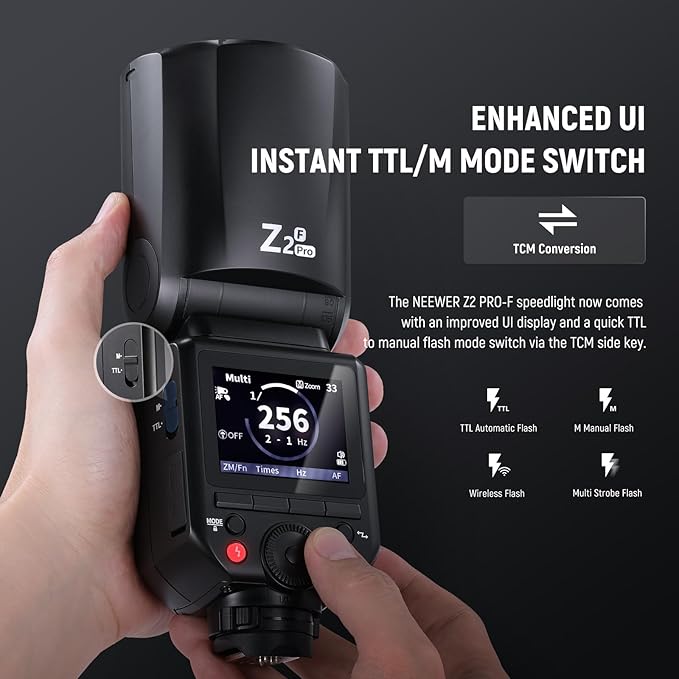NEEWER Z2PRO-F 2.4G TTL Round Head Flash Speedlite Compatible with Fujifilm, Wireless Compatible with Godox, 76Ws 1/8000s HSS, Upgraded UI, TTL/M TCM Switch, 7.2V/3000mAh Battery, 600 Full Power Flash
