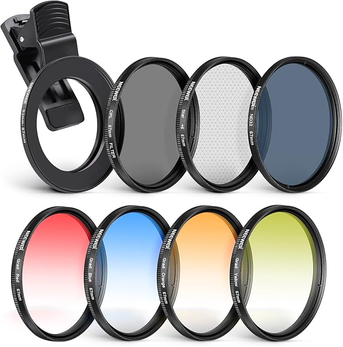 NEEWER 67mm ND + CPL + Star + 4 Graduated Color Filter Set with Phone Lens Clamp Compatible with iPhone 17 16 16e 15 14 Pro Max Plus Android Samsung S25 Ultra