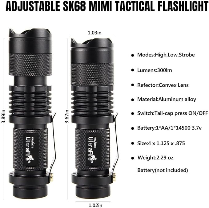 ULTRAFIRE 3 Pack Mini Flashlights Focus Adjustable SK68 Single Mode Tactical LED Flashlight, Ultra Bright 300 Lumens Torch