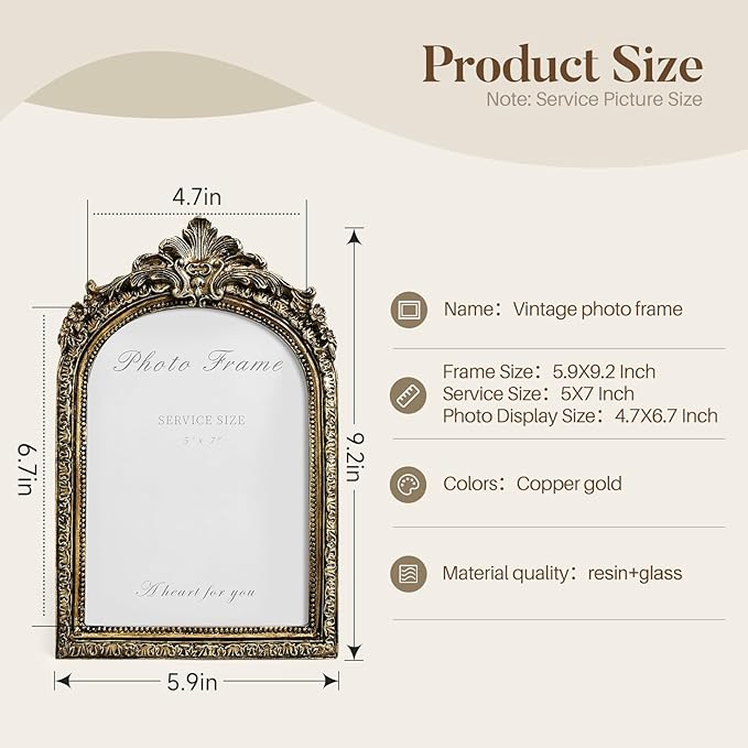 Cuspin 5x7 Picture Frame Vintage Gold Frames, Bronze 5 by 7 Arched Frame Hand-Crafted Resin with Glass Front, Ornate Retro Antique Photo Frames for Wall Hanging and Tabletop Display Home Decor