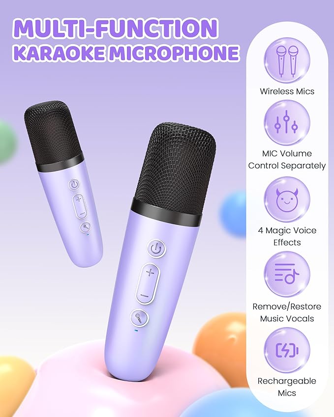 Upgraded Mini Karaoke Machine with 3 Wireless Microphones Toy for Kids, Birthday Gifts for Girls Boys, Portable MP3 Player for Ages 3, 4, 5, 6, 7, 8, 9, 10, 11, 12+ Year Old Family Party (Purple)