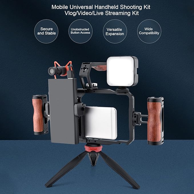 Smartphone Video Rig Dual Handle Filmmaking Vlogging Case Phone Stabilizer Grip with Microphone and Fill Light