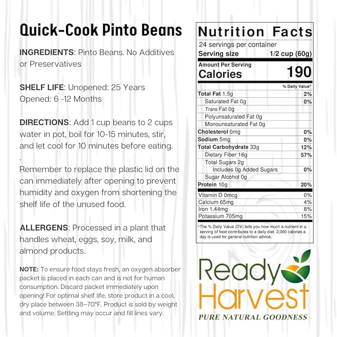 Ready Harvest Emergency Food - Quick-Cook Pinto Beans |Pre-cooked Beans, Just add hot Water | #10 Can | 25-Year Shelf Life | 3 lbs | Cans Filled to the Top