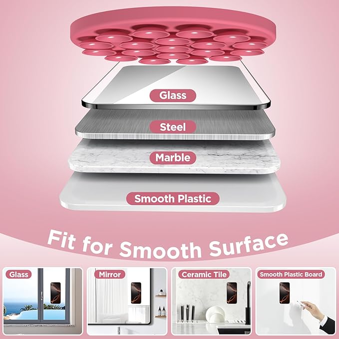 Magnetic Suction Cup Phone Mount with MagSafe, Silicone Hands-Free Grip Holder for iPhone Case and Android, Mirror Shower Phone Stand for Makeup FaceTime Gym Kitchen Bathroom, Camellia Red