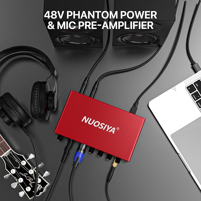 USB Audio Interface for PC Computer Recording Music, Red Guitar Audio Interface for Mac 24Bit/192kHz Podcasting Streaming for Vocalist Producer with 48V Phantom Power