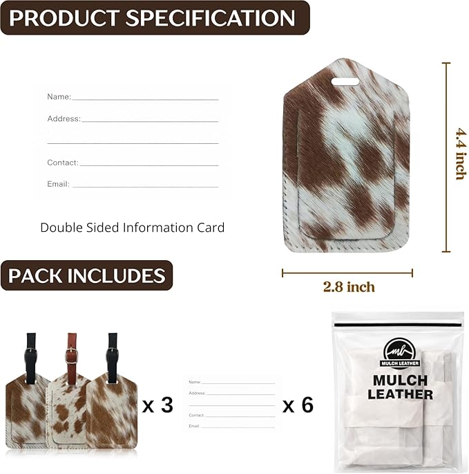 Mulch Leather Genuine Cow Leather Luggage Tag (Pack of 3) for Baggage ID Tags Travel Bag Tags for Suitcases Privacy Cover ID Label (Hair ON)
