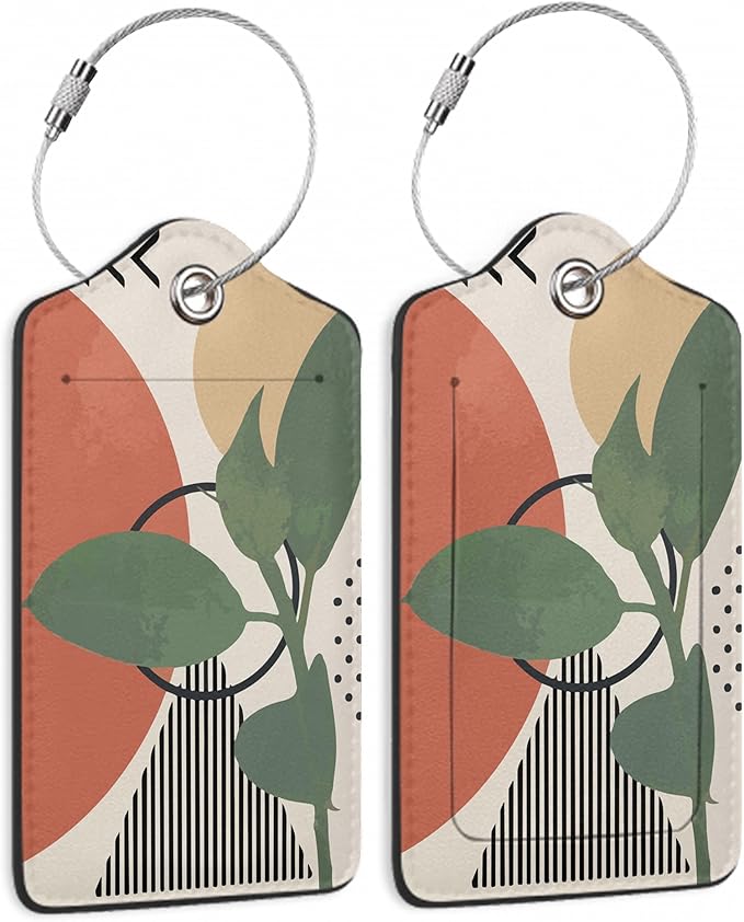 Boho Luggage Tag,Tropical Green Leaves Luggage Tags of Set 2 Leather Identifiers Privacy Cover with Stainless Steel Loop for Women Men Travel Bag Suitcase