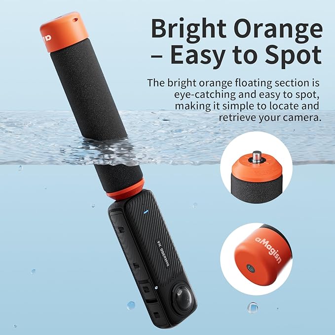 Floating Hand Grip for Insta360/DJI/GoPro Action Cameras with Adjustable Wrist Strap, 3-Claw & 1/4" Screw Mounts, Bright Orange Float
