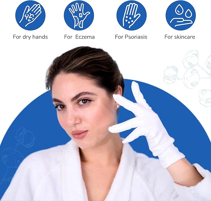 Dermrelief Cotton Gloves - for Beauty, Dry Hands, Eczema, Dermatitis and Psoriasis (7 Pairs) with Free Gifts (Professional Nail Buffer & Washing Bag) (Large)