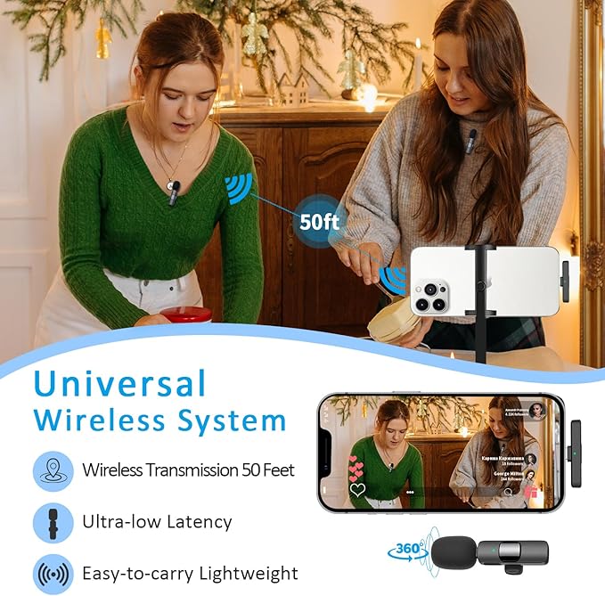 MAYBESTA Wireless Mini Microphone for iPhone Android Phone: Lavalier Lapel Recording Mic for Tiktok YouTube Podcast Interview(Dark Black)