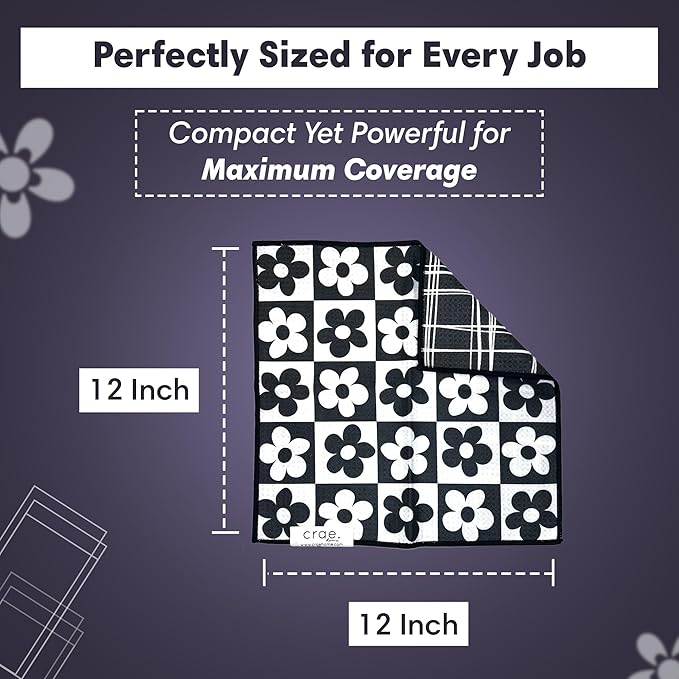 crae. Reversible Microfiber Washcloths 12x12 – Super Absorbent, Quick Drying Waffle Weave – Lint-Free, Scratch-Free Cleaning Cloths for Kitchen, Home, Cars & Windows (8 Track- Black/White)