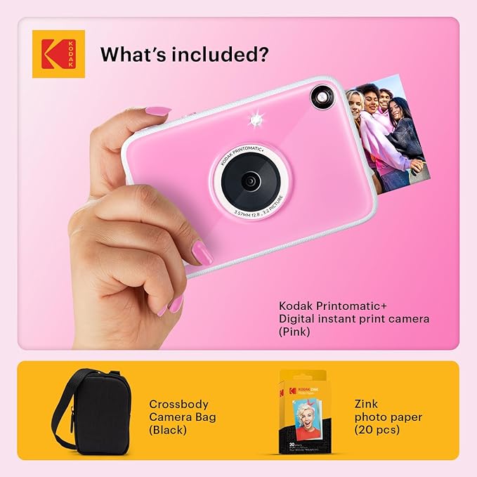Kodak Printomatic+ Instant Print Digital Camera Starter Bundle + Carrying Case + Zink 20pk Sticky-Back Photo Paper - 10MP, Full-Color Photos, GB LED Status Indicator - Pink