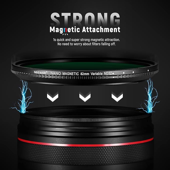 NEEWER 82mm Magnetic Variable ND Filter ND2-ND32(1-5 Stops) with Magnetic Adapter Ring， HD Adjustable Neutral Density Filter with Water Repellent Double Sided 30 Layer Coatings， No X Cross