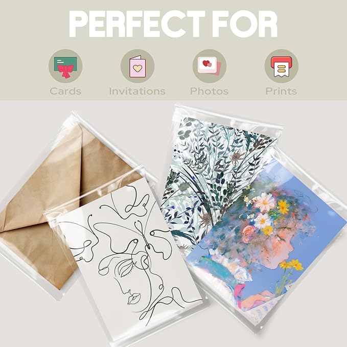 Golden State Art 100 Pack 5x7 Inches Clear Cellophane Cello Bags, Thick Greeting Card Plastic Sleeves-Fit A2 A4 A6 Cards & Envelopes, Photo, Prints