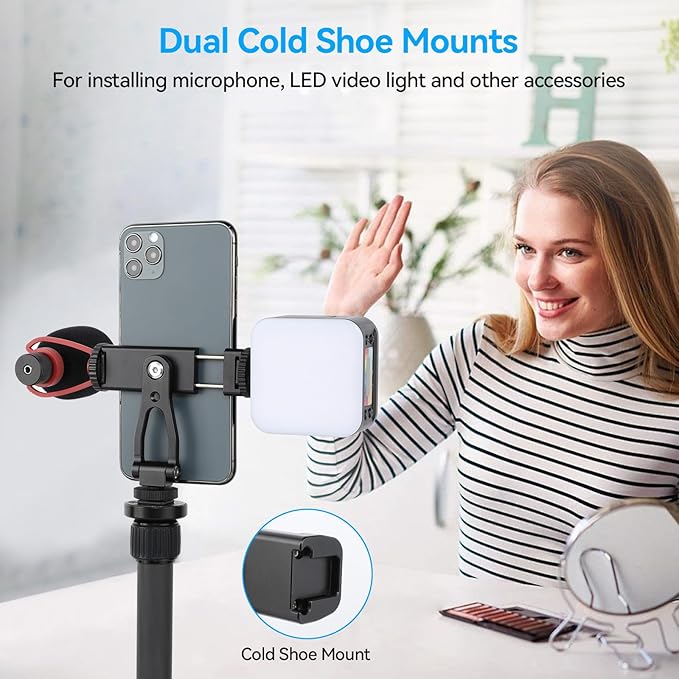 UTEBIT Universal Phone Tripod Mount with Cold Shoe Mount, 1/4" Thread 180° Tilt 360° Rotation Support Vertical and Horizontal, Adjustable Phone Clamp Holder for iPhone 17 16 15 14, for Samsung Galaxy