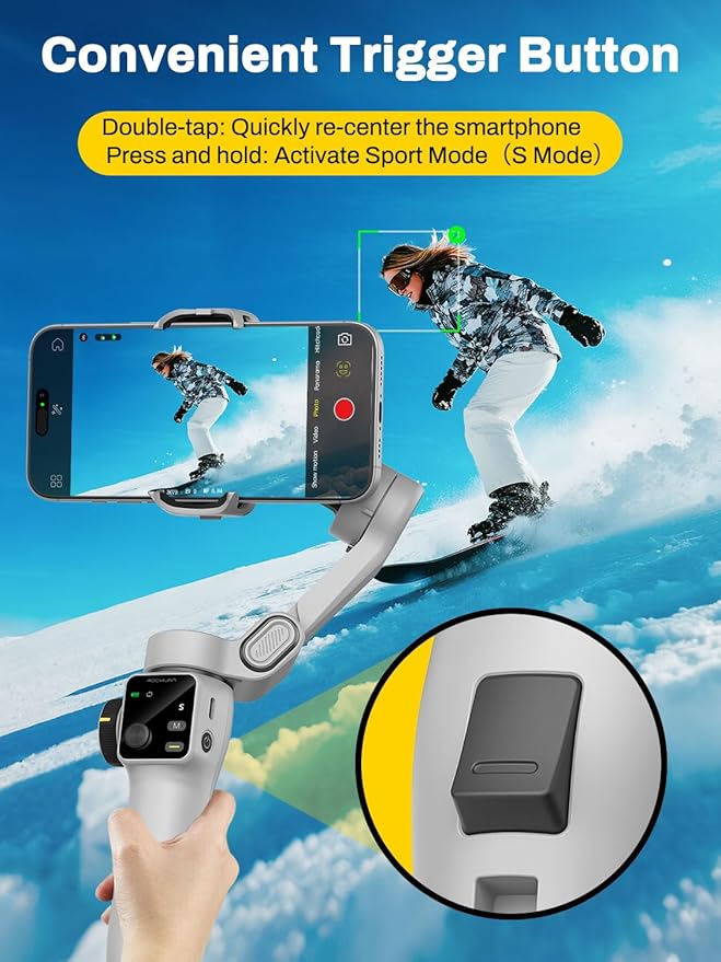 AOCHUAN Smartphone Gimbal Stabilizer for iPhone & Android, 3-Axis Phone Gimbal with Bluetooth Remote Control, Built-in 7.8” Extendable Rod, EVA Protective Storage Bag w/Hand Strap, V8 KIT WH& B30