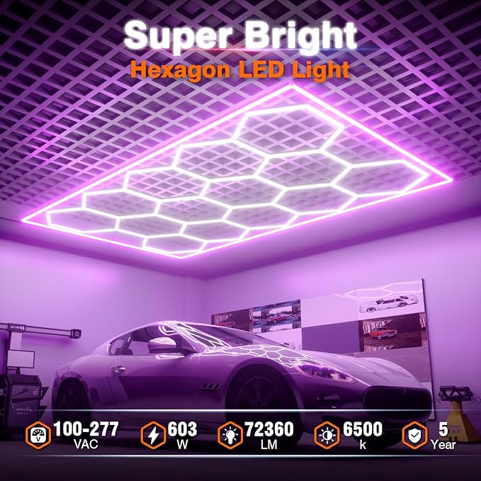 Hexagon Garage Lights, 14 Grids Hexagon LED Lights with Rectangle Frame, 603W 6500K Super Bright Honeycomb Light for Warehouse, Car Detailing Shop, Exhibition Hall, Gym(Purple)