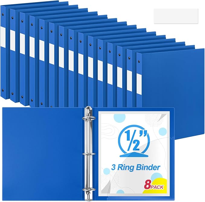 Henoyso 8 Pcs 3 Ring Binder 1/2'' Round Fits Letter Size 8.5'' x 11'' Paper Plastic Flexible Binder Holds 140 Sheets with 1 Pockets Versatile Organizer for Home Office School (Blue)