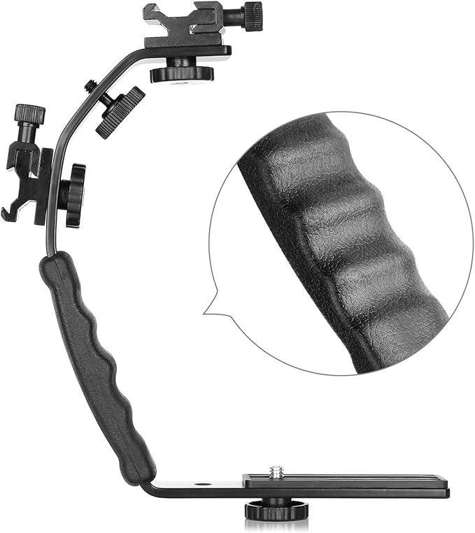 ChromLives Camera L Bracket Mount Video Grip L-Bracket with Dual Flash Cold Shoe Mount 1/4'' Tripod Screw, Heavy Duty Padded Hand Grip for DSLR Camera Camcorder (Updated)