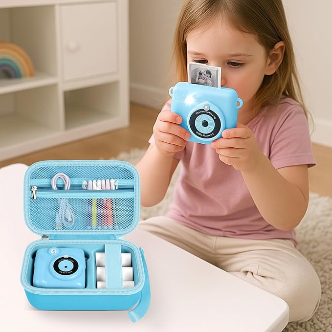Kids Instant Print Camera Case for ESOXOFFORE Digital Video Cameras with 3 Rolls Paper Refill, Toddler Film Camera Storage Holder Bag with Mesh Pocket for Thermal Paper Accessories (Box Only)- Blue