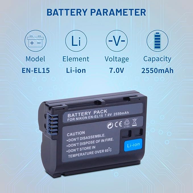 2-Pack EN-EL15 /EL15A/EL15B/EL15C Batteries with USB Dual Charger Compatible with Nikon Z6 Z7 D500 D600 D610 D750 D780 D800 D800E D810 D810A D850 D7000 D7100 D7200 D7500 Cameras 2550mAh