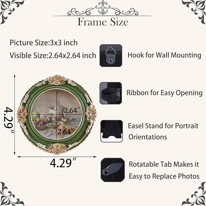 Vintage Picture Frames 3x3 Ornate Green and Gold Antique Pictue Frames with Real Glass Cover for Wall & Tabletop Display Victorian Home Decor Gallery Wall Decor,Round