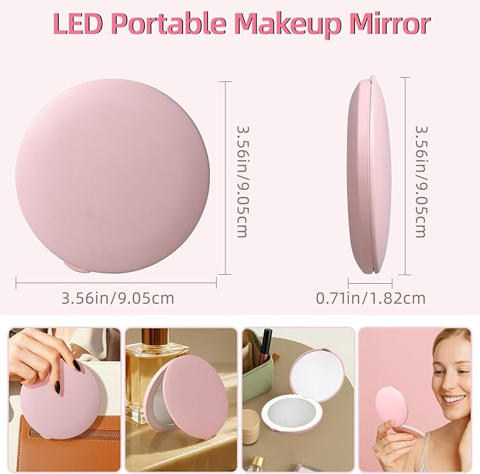 Compact Mirror with Light, Dimmable Pocket Mirror, Rechargeable Mini Mirror for Purse, Pocket, Travel and Present, Folding, Handheld, 2-Sided, Round