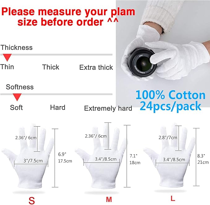 Cotton Gloves - 24pcs Soft White Gloves Moisturizing Eczema Gloves for Dry Hands SPA Inspection (Medium)