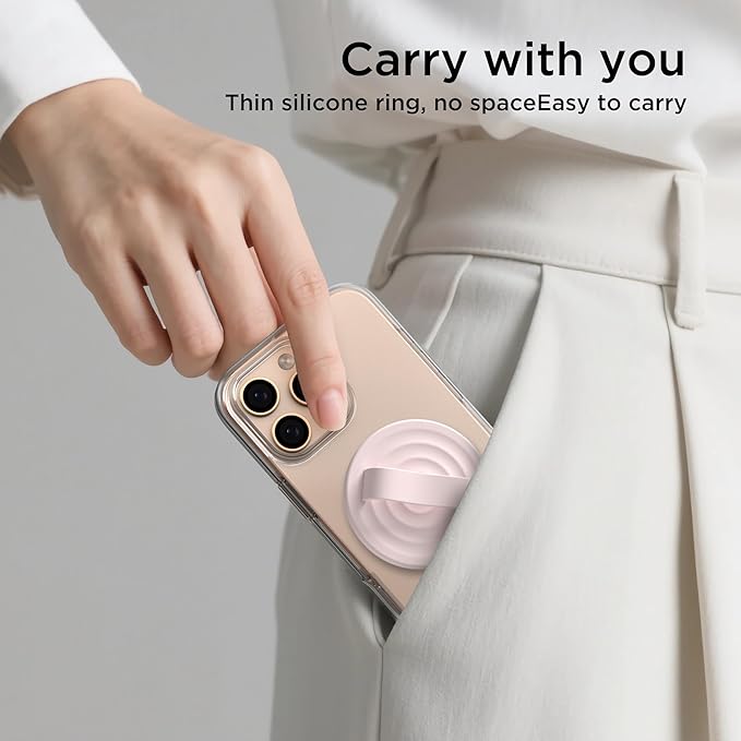 Magnetic Phone Grip Ring Holder, Liquid Silicone Magnet Cell Phone Grip Finger Loop, Compatible with Magsafe, Back of Phone for iPhone 17/16/15/14/13/12 Series, Lovely Pink