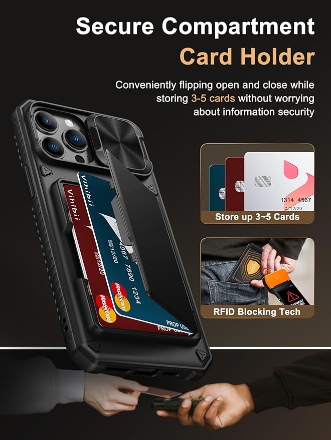 Vihibii for iPhone 13 Pro Max/iPhone 12 Pro Max Case with Card Holder (4 Cards) [RFID Blocking] & Slide Camera Cover, Military Grade Drop Protection, Rugged Back & Silicone Edge Wallet Case, Black