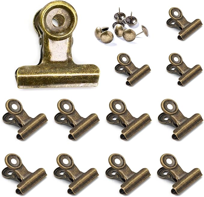 Bulldog Clips with Hole for Push-pin, Paper File Clips with Strong Spring, Small Metal Binder Clips, Seal Clamps for Coffee Tea Food Bags, Decorative Clips for DIY Photo Grid (Bronze, 38 mm)