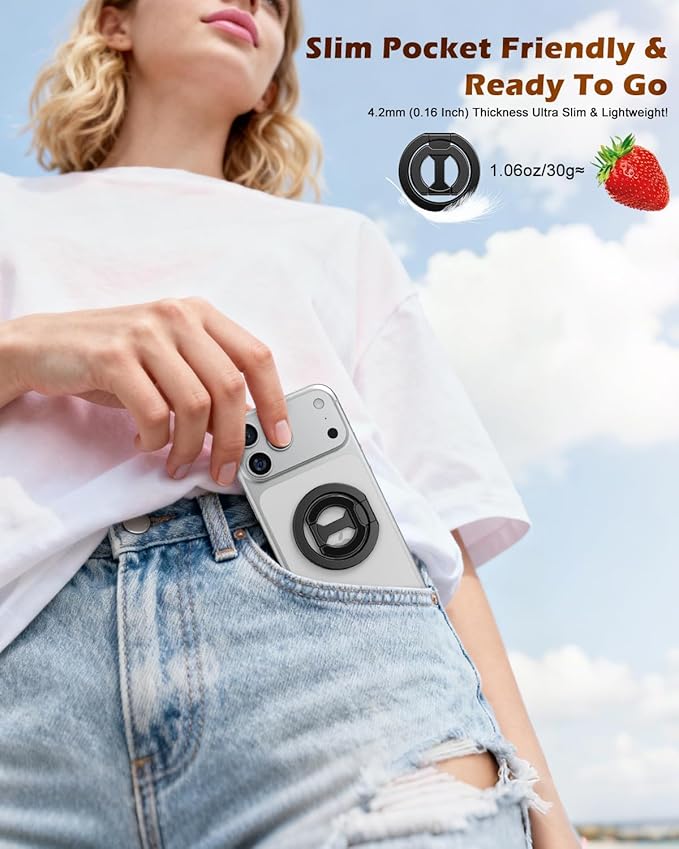 CloudValley for Magsafe Phone Grip Holder - Adjustable Dual-Sided Magnetic Finger Ring Stand 4-in-1, Compatible with iPhone 17/16-12 & MagSafe Car Mounts, Black