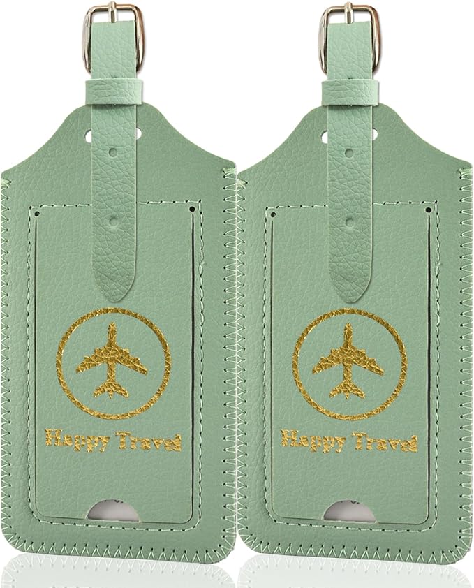 ACdream Luggage Tags 2 Pack, Leather Suitcase Tags Identifiers, Cute Cruise ID Labels with Privacy Cover fits on Backpack, Travel Bag, for Women, Men, Adults, Kids, Agave Green