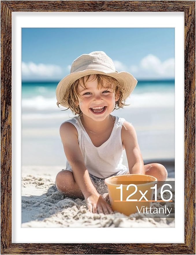 Vittanly 12x16 Picture Frame, Made of Solid Wood and Shatterproof Plexiglass, Display Pictures 11x14 with Mat or 12x16 without Mat, Wooden Photo Frame for Wall Mounting, Dark Brown, 1 Pack