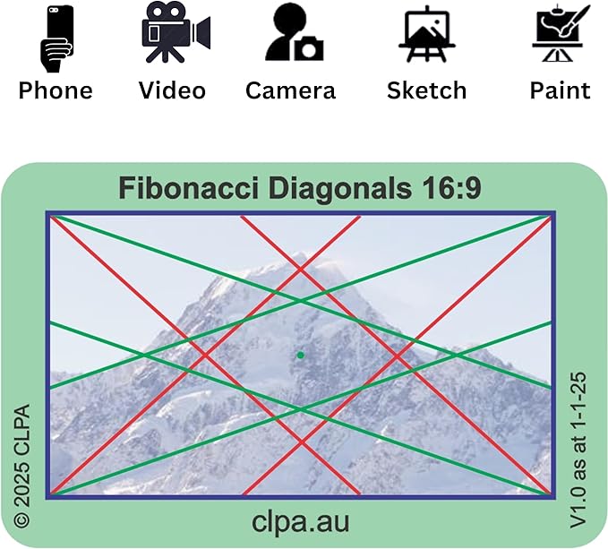 CLPA Fibonacci Diagonals Viewfinder: Credit Card-Sized Composition Grids for Video, Photography & Art in 4:3, 3:2, & 16:9