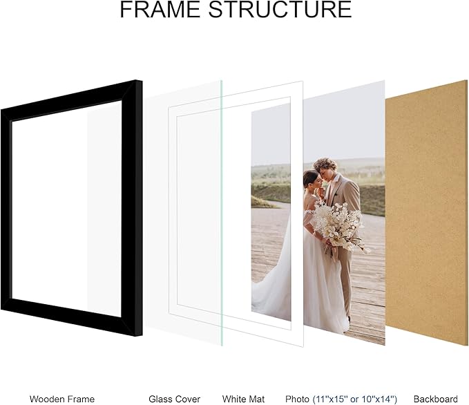 11x15 Picture Frame Set of 4, Made of Real Glass and Black Frame - Display Picture 10x14 with Mat or 11x15 Without Mat, 11 by 15 Photo for Wall Mounting